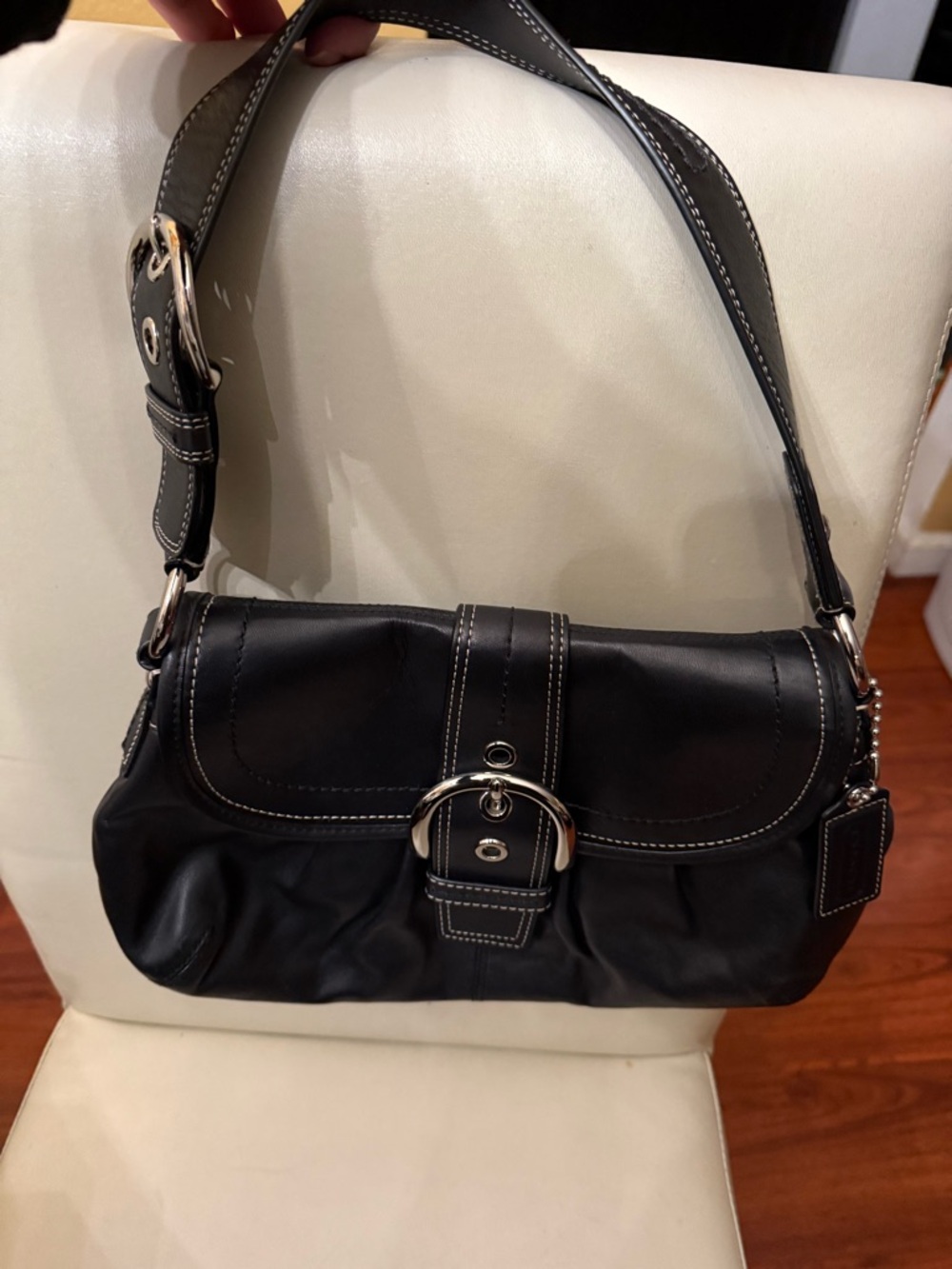 Black Women's Leather Shoulder Bag with Buckle Accent